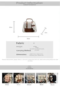 Size chart for PU fashion backpack showing 19x19x9cm dimensions and five colors