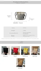 Detail view of mini canvas bucket bag with drawstring closure and size dimensions