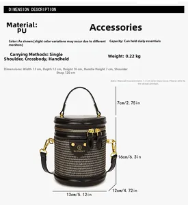 Specifiche dettagliate sulle dimensioni della borsa a cilindro in ecopelle con oro metallo