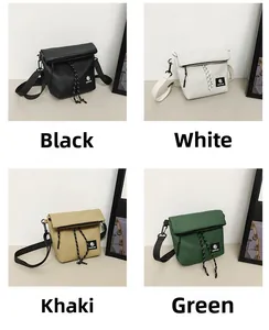 Collage of four nylon crossbody bags in black, white, khaki, and green colors