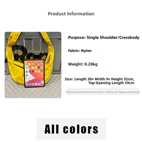 Detailed size specifications for a lightweight yellow nylon crescent crossbody bag