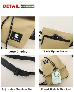 Detailed views of khaki nylon crossbody bag featuring adjustable strap and secure pockets