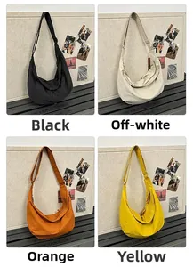 Detailed grid view of crescent crossbody bags in black, beige, orange, and yellow hues