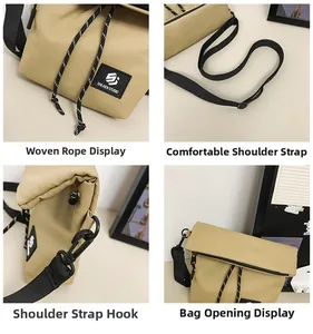 Detailed view of khaki nylon messenger bag with woven drawstring and adjustable strap