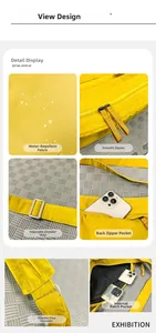 Detailed views of yellow nylon crossbody bag showing zippers and water-resistant fabric