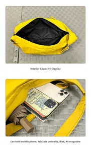 Large capacity yellow nylon bag interior showing storage for iPad and umbrella