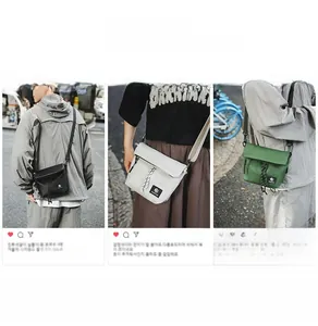 Three-way view of nylon crossbody bag on models in black, off-white, and dark green colors