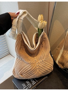 Women Knitted Hollow Tote Bag Cotton Blend Crochet Shoulder Bag For Beach Vacation Casual Literary Style Handbag