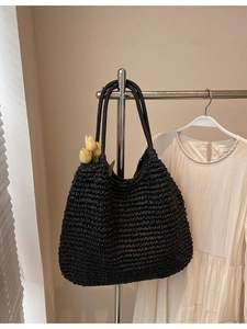 Sac Fourre-tout Tissé en Paille Grande Capacité Femmes Style Décontracté Plage Vacances Fermoir Magnétique