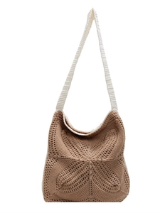 Chic hollow out handwoven shoulder bag with leaf pattern and contrast strap