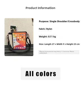 Detail showing cross-body bag dimensions and capacity to fit an iPad tablet