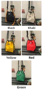 Collage of checkered drawstring crossbody bags shown in five different vibrant colors