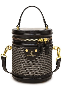 Elegante borsa a secchiello cilindrica nera con trama intrecciata e dettagli oro