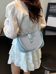 Light blue crescent shoulder bag in woven fabric and leather with metal buckle