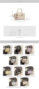 Detailed spec sheet showing five colors of bowling style PU leather handbags for women