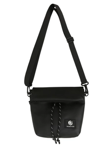 Minimalist black nylon crossbody bag with adjustable strap and drawstring detail