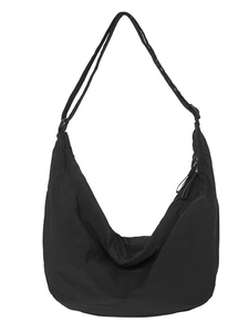 Black nylon hobo crescent shoulder bag with zipper closure and adjustable strap