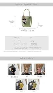 Size chart showing mini PU leather bucket bag dimensions 15x18x9cm and five colors