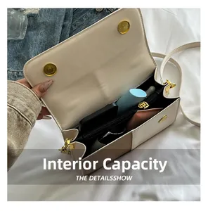 Internal capacity of contrast color crossbody bag showing main compartment and zip pocket