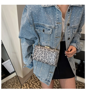 Dettaglio della borsa rigida con stampa leopardata e catena dorata su denim outfit