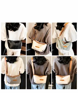 Showcase of different colors of the bucket crossbody bag worn by a model in casual style