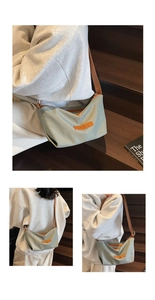 Dreiseitige Ansicht einer minimalistischen Nylon-Umhängetasche mit braunem Besatz und Gurt