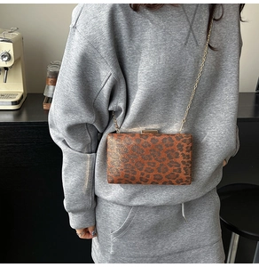 Dettaglio della borsa leopardata con montatura in metallo dorato e tracolla a catena