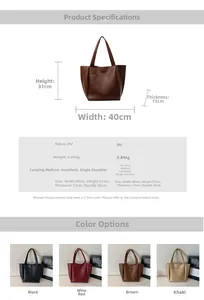 Detailed size specifications and color comparison of minimalist PU leather tote bag