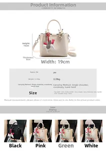 Detailed size chart and multi-color options for fashionable PU leather bucket bag with charm