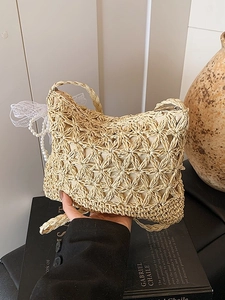 Woven Straw Crossbody Bag Women Star Hollow Lace Bow Artificial Pearl Pendant Beach Vacation Shoulder Bag Beige Khaki Handwoven Bag