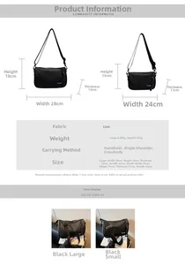 Size comparison chart for black crossbody bags showing large and small dimensions and strap