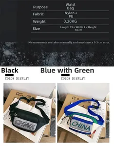 Tabella taglie dettagliata per marsupi in nylon nero e varianti a tre colori sportivi