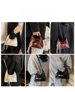 Detail shots of hobo bags in white, burgundy and black featuring gold logo and woven tassels