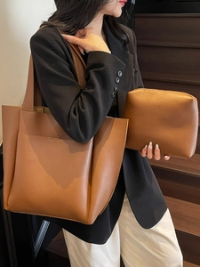 Brown leather tote bag set for women with front pocket and matching clutch pouch