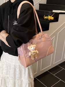 Sac bowling rose en nylon style collège avec peluche ours et grande capacité