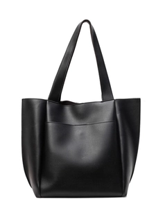 Minimalist black leather tote bag with functional front pocket for daily office commute