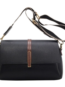 Chic black litchi leather crossbody bag with brown strap accent and wide woven shoulder strap