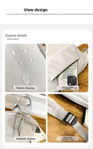 Detail of waterproof nylon fabric, smooth dual zippers and adjustable strap on travel bag