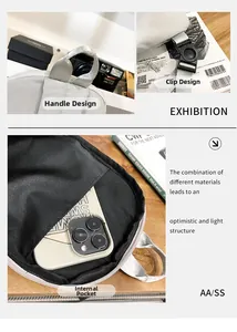 Detail view of water-resistant nylon backpack features carry handle and buckles