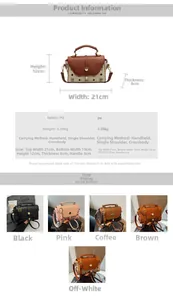 Size chart showing PU leather retro printed handbag dimensions and five color options