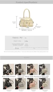 Detailed size specifications and color options for the pleated Boston handbag with charms