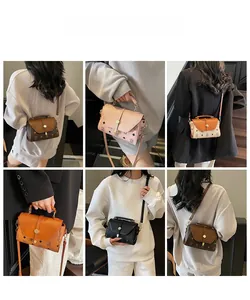 Detailed views of vintage monogram crossbody bags in five colors shown on a model