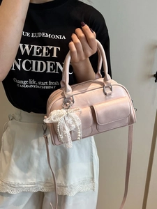 Pink PU leather bowling handbag with lace pearl bow charm and adjustable strap