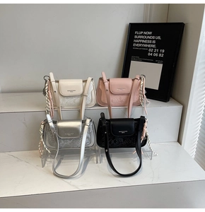 Detailed group shot of mini flap crossbody bags in white, pink, silver, and black finishes