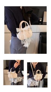 Three-way view of a cream lace bowling bag with a ribbon bow and slim shoulder strap