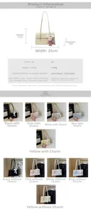 Detailed chart showing PU shoulder bag dimensions 26x17x7cm and five color options