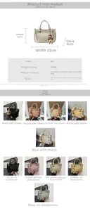Size chart showing PU bucket bag dimensions 22x14x8cm with various color options