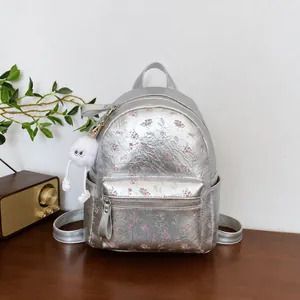 Sac à Dos Floral en Cuir PU pour Femmes Sac d'École Étudiante avec Pendentif Peluche Petit Grand Sac à Dos de Voyage