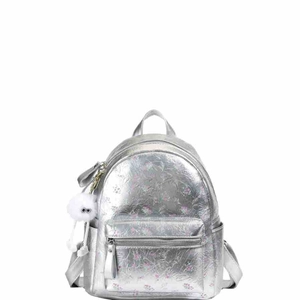 Sac à dos argenté pour femme avec motifs floraux et joli porte-clé en fourrure