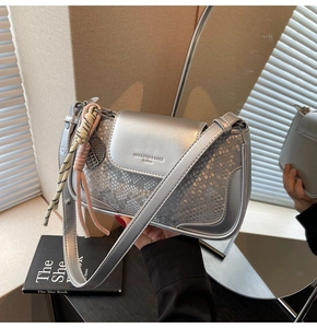 Close-up of silver square bag featuring mirror finish and grey snakeskin texture details